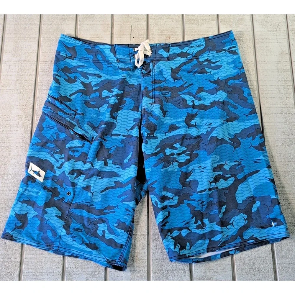 Pelagic 4 Tek Board Shorts Men's 38 Blue Fish Camouflage Performance Zip Pocket - Picture 2 of 8